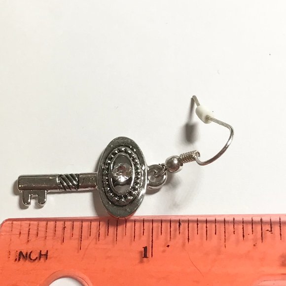 Key Earrings Silver Tone Plated Crystal Padlock Lock Steampunk Vintage Style - Picture 8 of 9